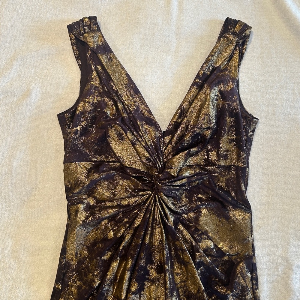 Maggy London Gold and Brown Metallic V Neck Cocktail Dress